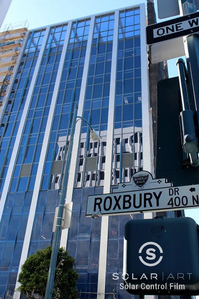 Blue Window Film Installation to a Commercial Building in Beverly Hills, California